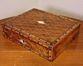 1 Turnbridge English Antique Burl String Inlaid Mother of Pearl Wood Lap Desk Writing Glass Ink Well Love Letters Ladies Writing Box