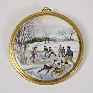 Master Miniatures Porcelain Bandy Hockey Skating Pond Winter Game Outdoor Genre Scene Transfer Ware Plaque Alresford Hampshire England