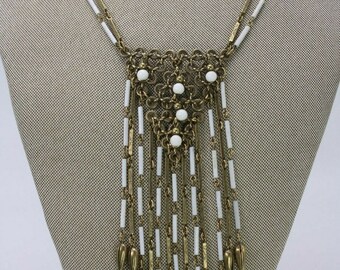 1 Brass Glass Gold Filled Antique Vintage Egyptian Style Bib Festoon Flapper Dancer Necklace Jewelry