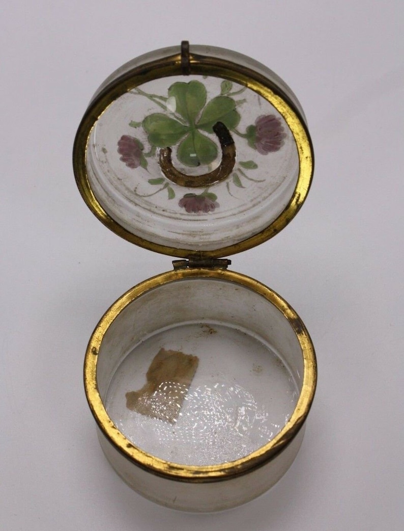 1 Lucky Four Leaf Clover Gilt Horseshoe Antique Vintage Small Round Victorian Glass Jewelry Casket Trinket Ring Box Jar