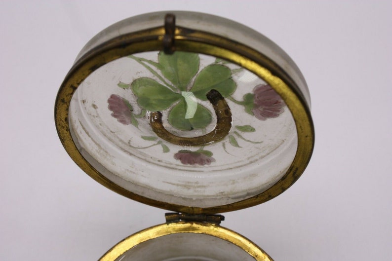 1 Lucky Four Leaf Clover Gilt Horseshoe Antique Vintage Small Round Victorian Glass Jewelry Casket Trinket Ring Box Jar