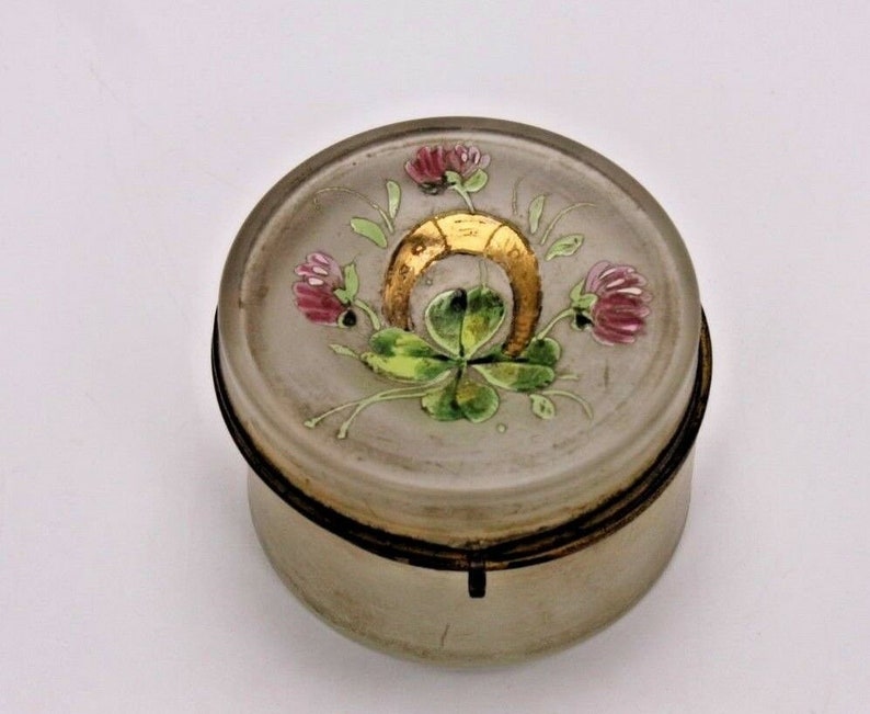 1 Lucky Four Leaf Clover Gilt Horseshoe Antique Vintage Small Round Victorian Glass Jewelry Casket Trinket Ring Box Jar