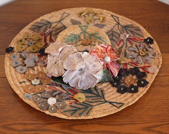 1 Antique Straw Hat Vintage Wicker Edwardian Felt Velvet Flower Applique Wide Brim Derby