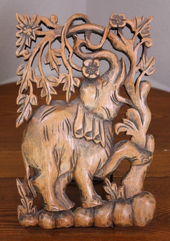 Hand Carved Vintage Wood Elephant Plaque Panel Jun