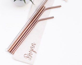 Personalized Straw Pouch with Stainless Steel Straw Set | Eco Friendly | Waterproof lined | Gift | Rose Gold  | Customized |
