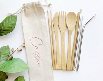 Personalized Utensil Straw Set | Eco Friendly Straws | Unique Gift | Reusable Straws | Bamboo Utensils | Sustainable Gift |  Bamboo Straws