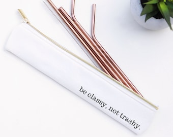 Stainless Steel Straw Set | Straw Bag | Eco Friendly | Waterproof lined | Gift | Rose Gold | Reusable Straws | Gold Straws