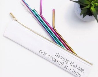 Stainless Steel Straw Set | Straw Bag | Eco Friendly | Waterproof lined | Gift | Rose Gold | Waste Free | Reusable Straws | Gold Straws