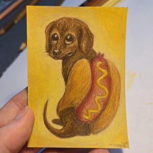 Carta da collezione originale HotDog Dachshund ACEO ATC Artist Trading Card da collezione 2,5x3,5 in miniatura