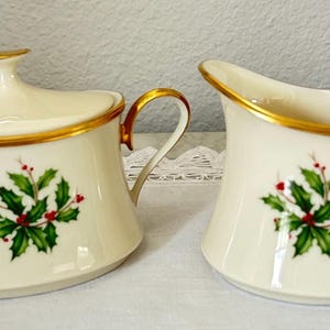 Vintage Lenox Holiday - Gold Trim & Holly Design - Christmas Tableware ~ Creamer Pitcher - Sugar Bowl
