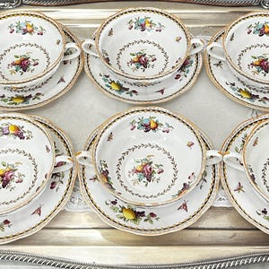 Vintage RARE Rockingham by Spode Copeland Footed Cream Soup Bowls Cups and Saucers Set 6