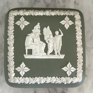 Vintage Green Square Jewelry Box Trinket Dish Wedgwood Jasperware