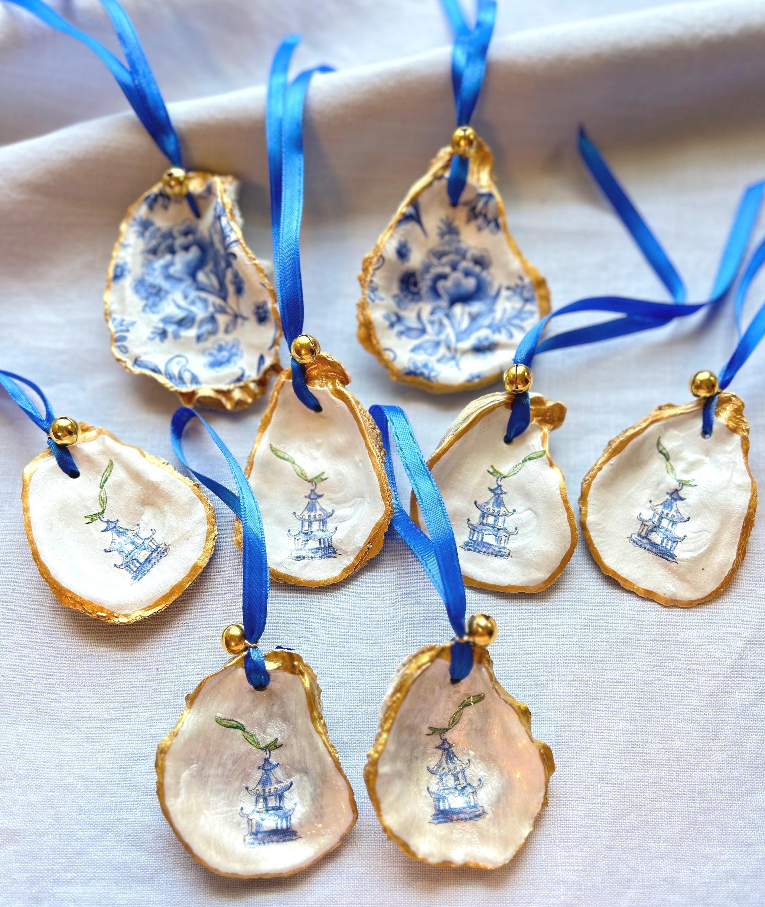 Set of 8 Oyster Shell Decoupage Blue Chinoiserie Napkin Holder Charms Hostess Gift Wedding Gift Maiden of Honor Holiday Christmas Gift