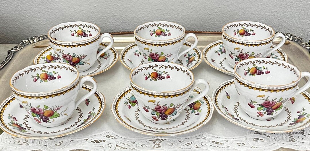 Vintage Rockingham by Spode Copeland Footed Tea Cups and Saucers Set 6 ...