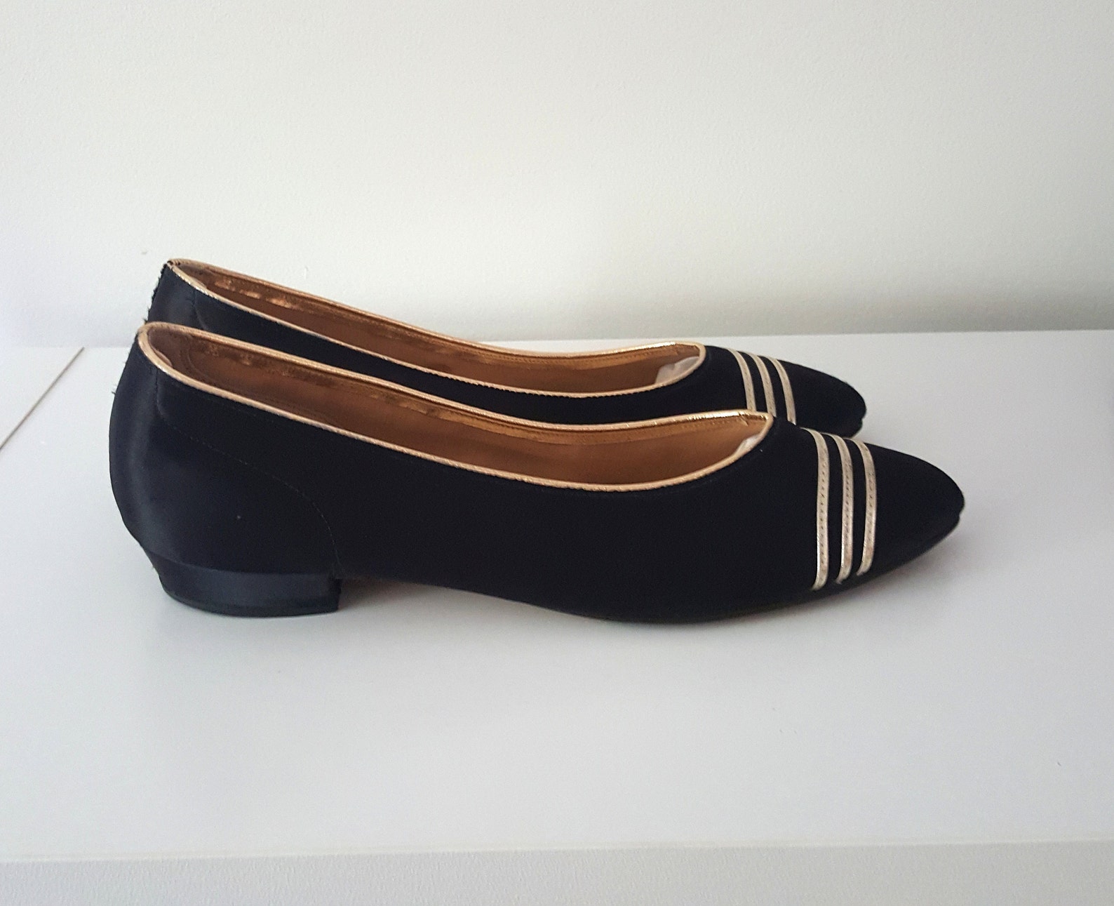 sale vintage 1980s i. magnin black and gold satin ballet flats, 80s vintage flats size 7 b