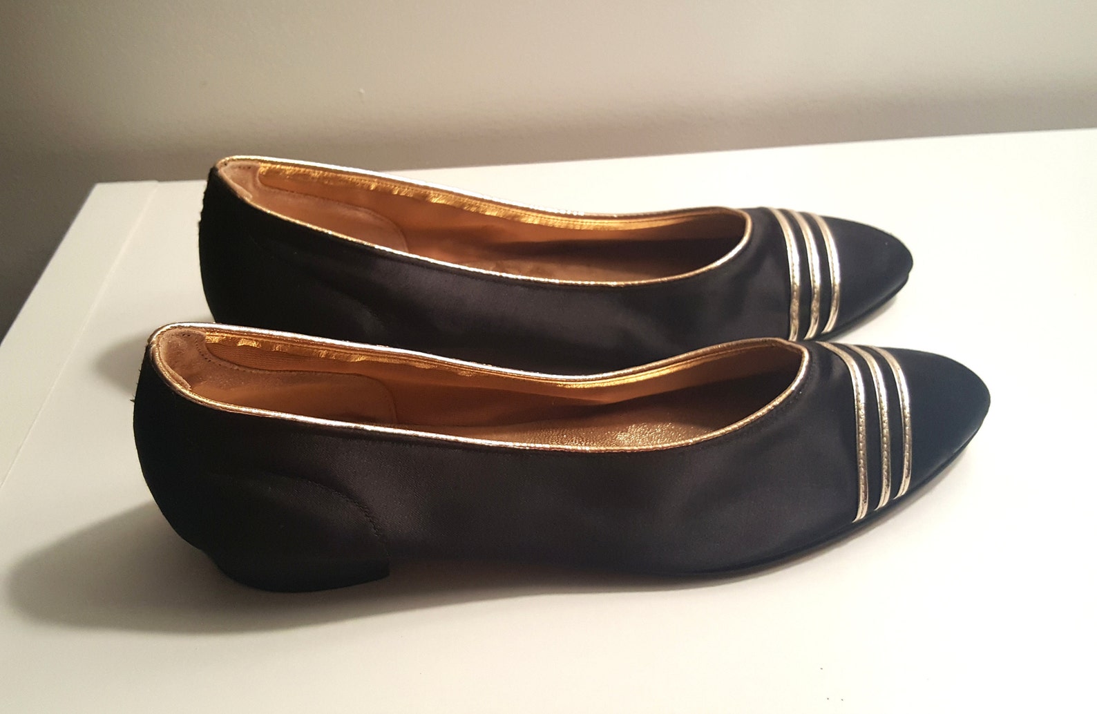 sale vintage 1980s i. magnin black and gold satin ballet flats, 80s vintage flats size 7 b