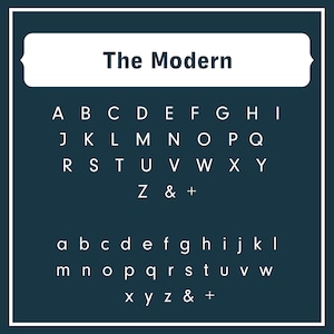 May include: A white font alphabet chart with the title "The Modern" in a white rectangle. The chart displays the uppercase and lowercase letters of the English alphabet, along with the ampersand and plus sign.