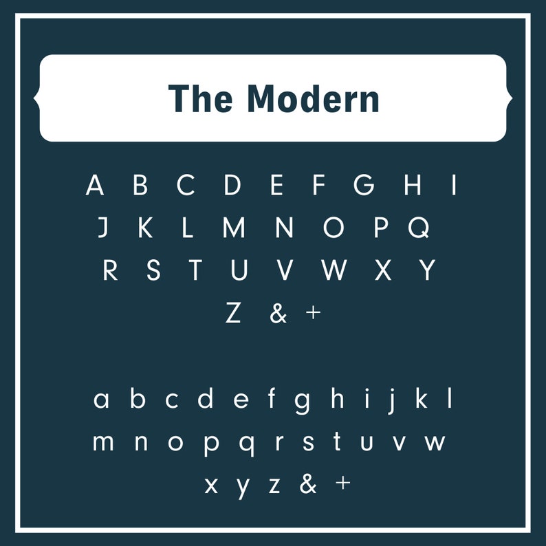 May include: A white font alphabet chart with the title "The Modern" in a white rectangle. The chart displays the uppercase and lowercase letters of the English alphabet, along with the ampersand and plus sign.
