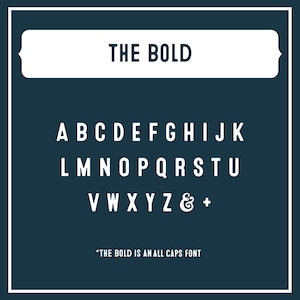 May include: A white font alphabet chart with the title "THE BOLD" in all caps. The alphabet is in all caps and includes the ampersand and plus sign. The text below the alphabet reads "*THE BOLD IS AN ALL CAPS FONT".