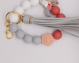 Boho Cow Skull Silicone Bead Keychain Lanyard