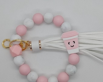 Pink Happy Coffee / Tea Cup Silicone Keychain Wristlet