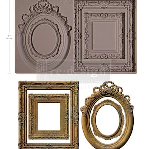 May include: A brown silicone mould featuring two ornate frame designs, one oval and one rectangular, measuring 20.3 cm wide and 12.7 cm high. Below are two antique-style frames, one square and one oval.
