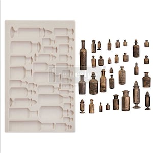 May include: A silicone mold with 36 different bottle shapes for making decorative items. The mold is white and the bottles are in various sizes and shapes.