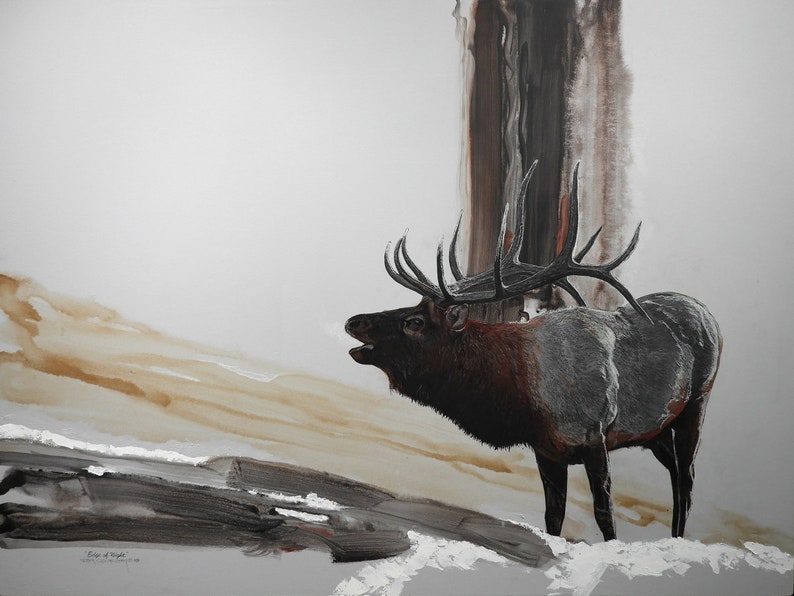 May include: A painting of an elk with large antlers standing in a snowy landscape. The elk is facing to the right and has its mouth open as if it is calling. The background is a light gray with brown and white brushstrokes.