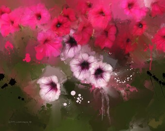 Quartet, purple and red petunias, floral, garden floral, floral watercolor, floral decor, floral wall decor, garden decor, garden print