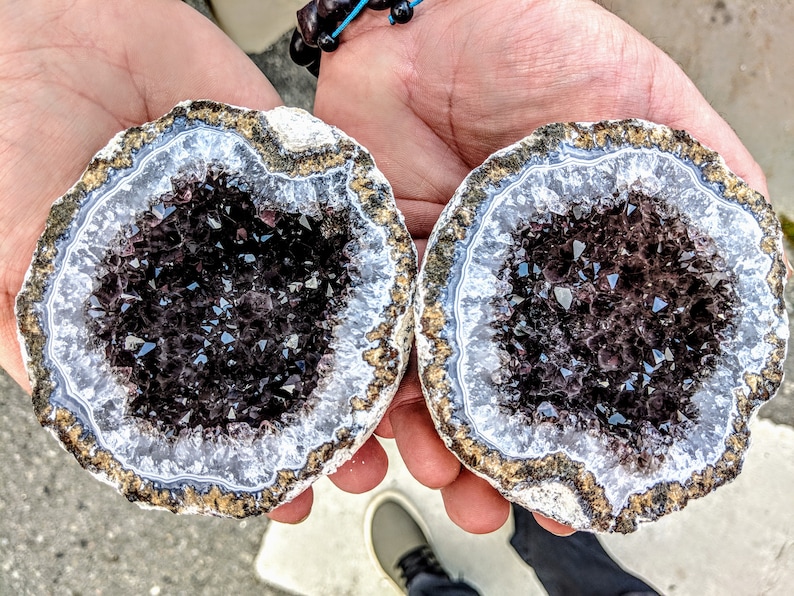 Smoky quartz geode halves from Mexico