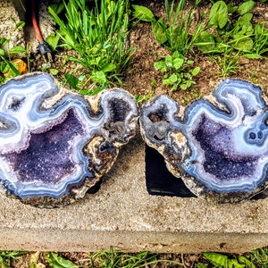 Mexican Choya Geode halves with banded agate and Amethyst