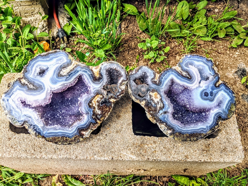 Mexican Choya Geode halves with banded agate and Amethyst