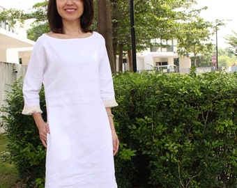 Boat Neckline Linen Dress / Laced Sleeve Detail / 3/4 Sleeved/EP-D645