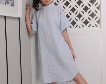 Raised Neckline Linen Dress / Short Sleeved/EP-D658