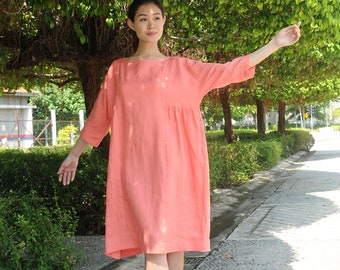 Three Quarter Sleeved / Oversized linen dress/Summer linen dress/ Rounded Neckline/EP-D647