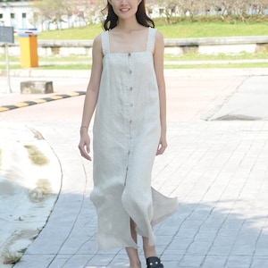 Buttoned Down Linen Dress / Square Neck Line /Midi linen dress/Linen Slip Dress //Summer linen dress/ Sleeveless Linen