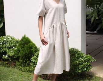 Sheath Linen Dress / V Neckline / Knee Length / Short Sleeved/EP-D651