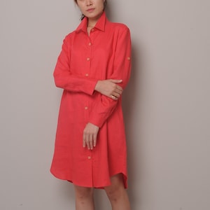 Linen Shirt Dress / Belted Waist Shirt Dress / Knee Length / Long Sleeved Shirt Dress/EP-D653
