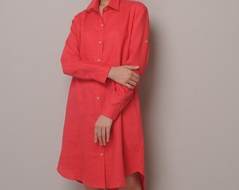 Linen Shirt Dress / Belted Waist Shirt Dress / Knee Length / Long Sleeved Shirt Dress/EP-D653
