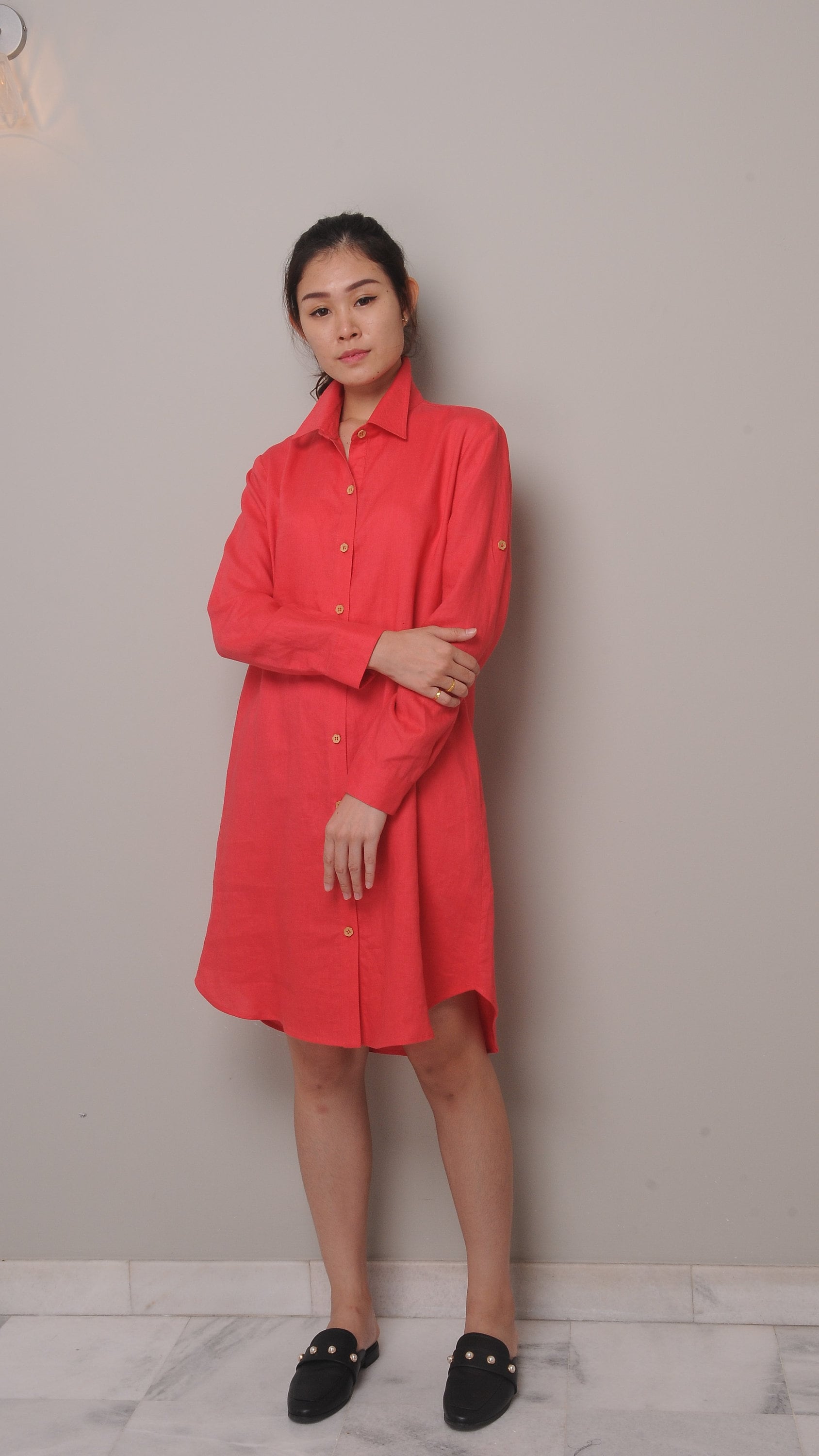 ★関税送料無料 Belted Linen A-Line Shirtdress Belted Linen A-Line Shirtdress