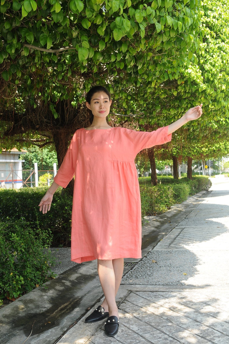 Three Quarter Sleeved / Oversized linen dress/Summer linen dress/ Rounded Neckline/EP-D647 image 1