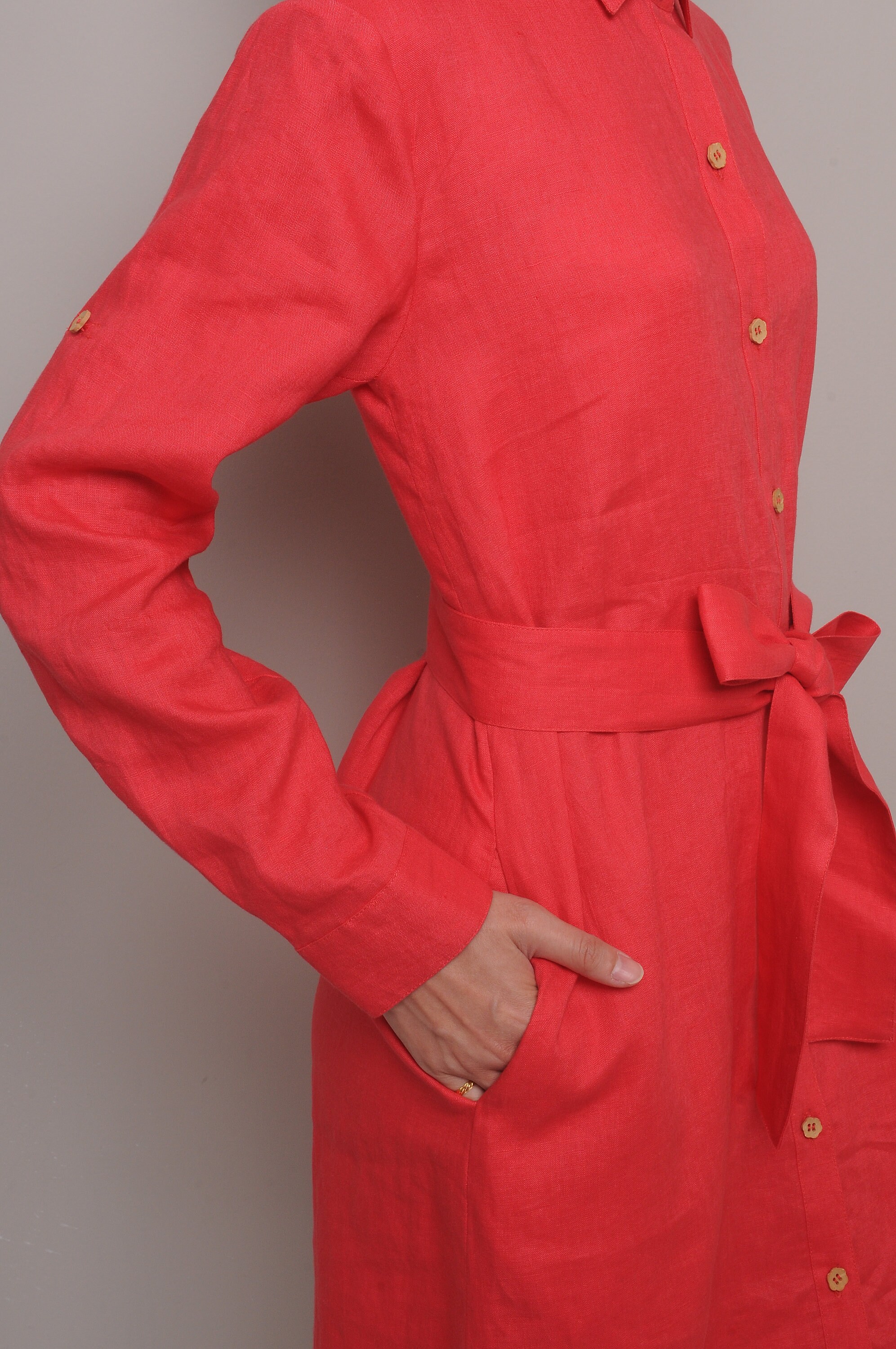 ★関税送料無料 Belted Linen Shirtdress Linen Shirt Dress / Belted Waist Shirt Dress / Knee Length