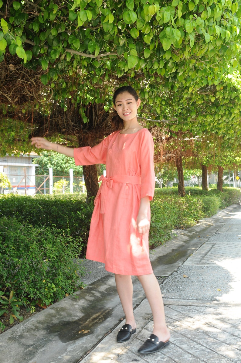 Three Quarter Sleeved / Oversized linen dress/Summer linen dress/ Rounded Neckline/EP-D647 image 3