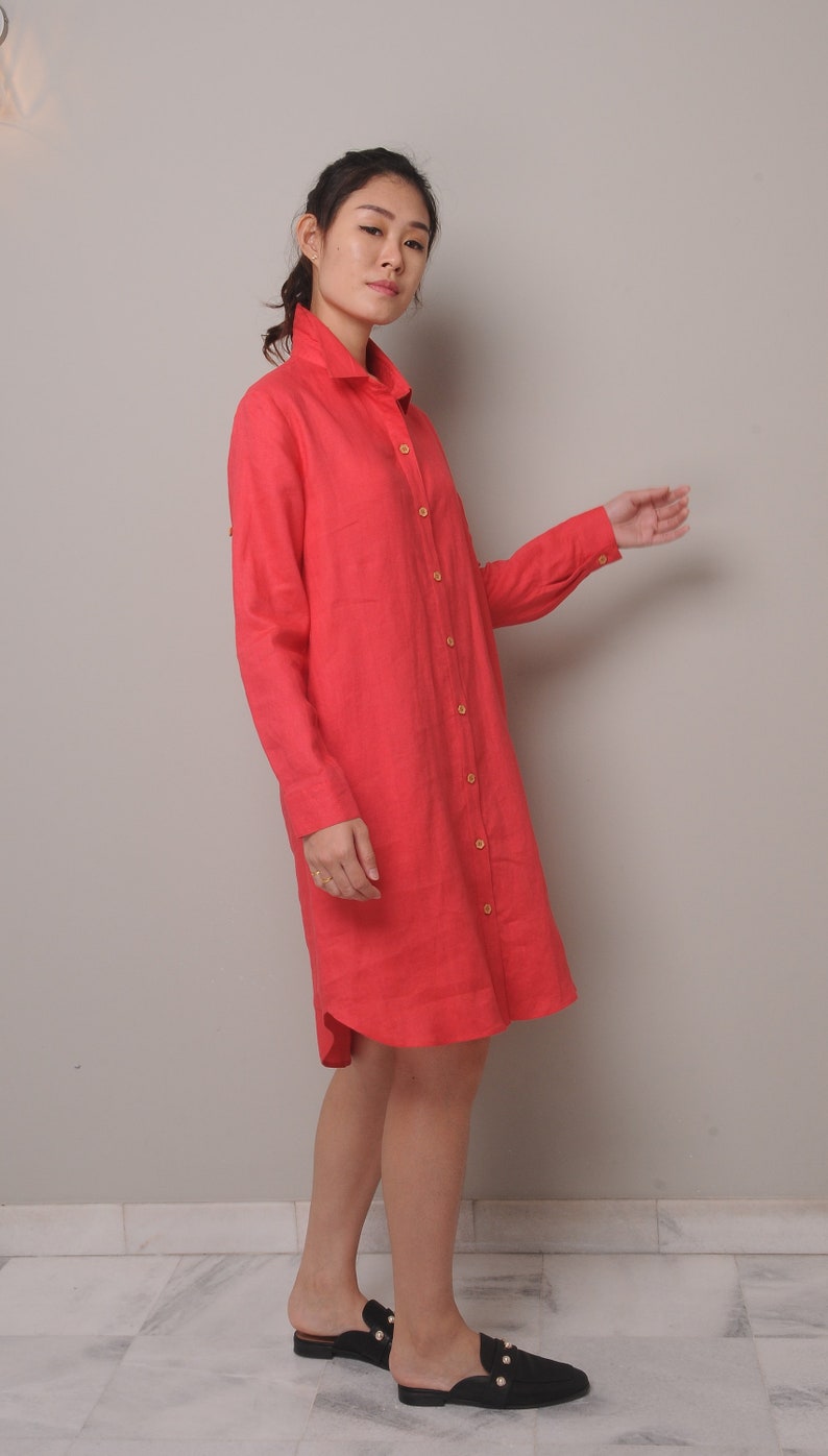 Linen Shirt Dress / Belted Waist Shirt Dress / Knee Length / Etsy