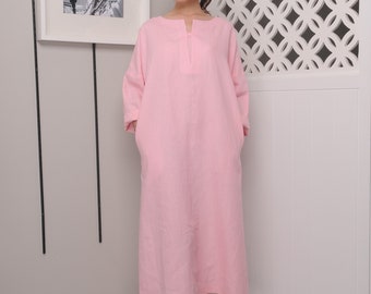 Linen Dress / Long Sleeved / Ankle Length Linen Dress / Flowy and Breathable/Loose linen dress/EP-D648