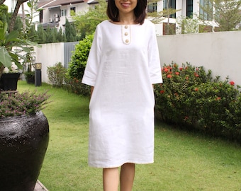 Lace Neckline / Linen Dress / 3/4 Sleeved/EP-D661