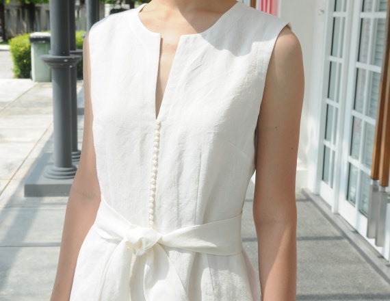 white sleeveless linen dress