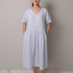 Flarey Linen Dress / V Neckline / Below-The-Knee Length/EP-D651