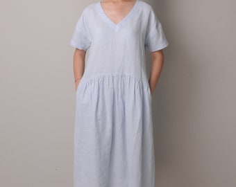 Flarey Linen Dress / V Neckline / Below-The-Knee Length/EP-D651