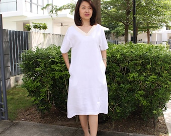 Lace Neckline / Linen Dress / 3/4 Sleeved/EP-D652